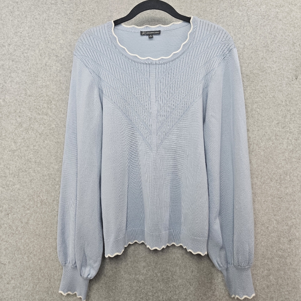 Adrianna Papell Lite Blue White Scalloped Edge Scoop Neck Sweater Women's‎ L